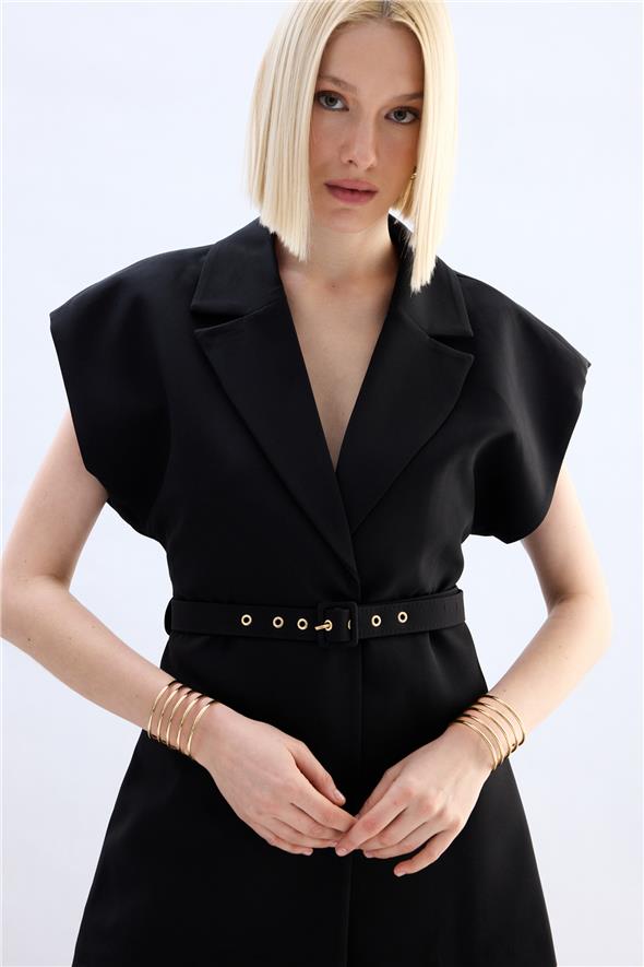 Kemerli Uzun Yelek - Siyah