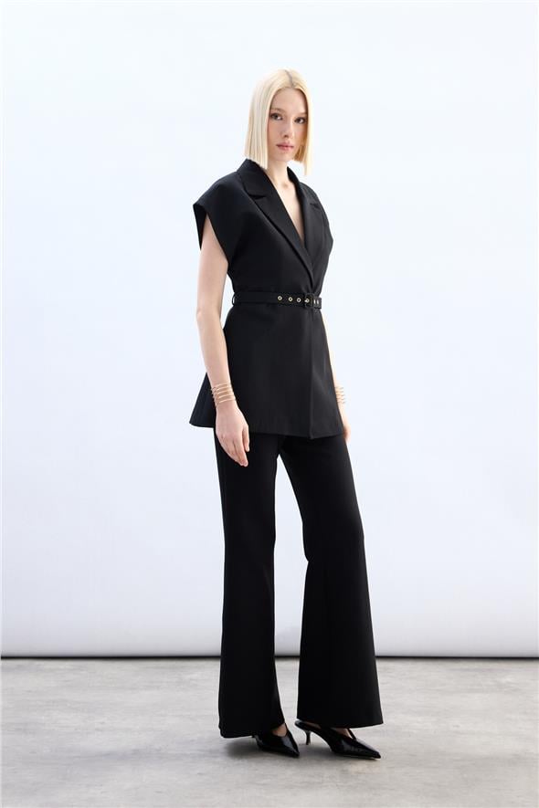 Kemerli Uzun Yelek - Siyah