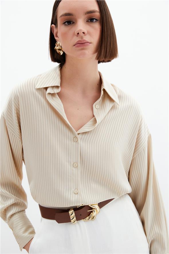 Kendinden Çizgi Desenli Gömlek - Bej