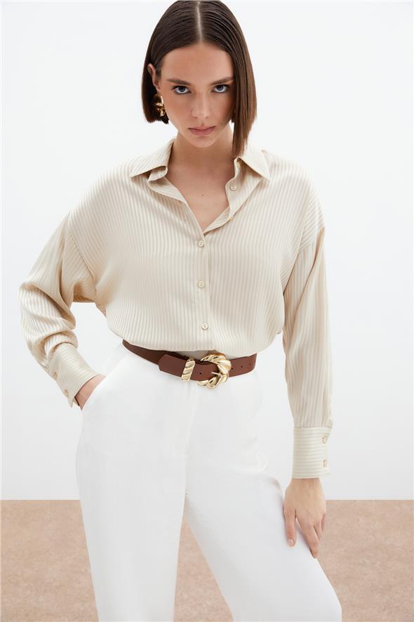 Kendinden Çizgi Desenli Gömlek - Bej