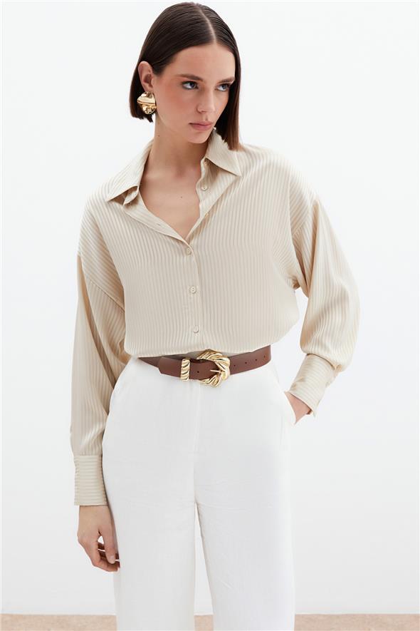 Kendinden Çizgi Desenli Gömlek - Bej