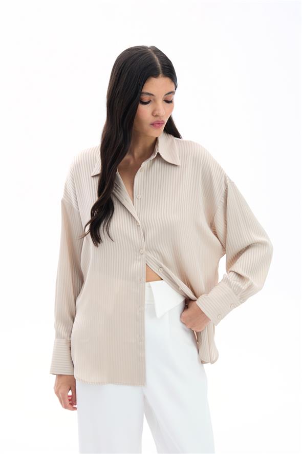 Kendinden Çizgi Desenli Gömlek - Taş