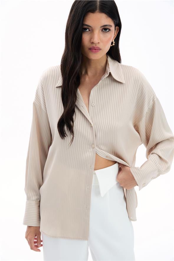 Kendinden Çizgi Desenli Gömlek - Taş