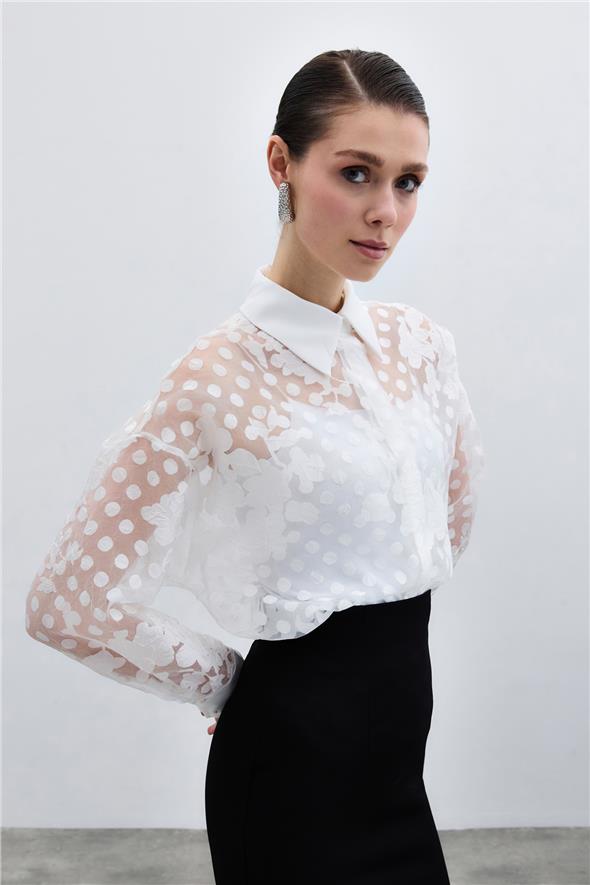 Kendinden Desenli Gömlek - Ekru