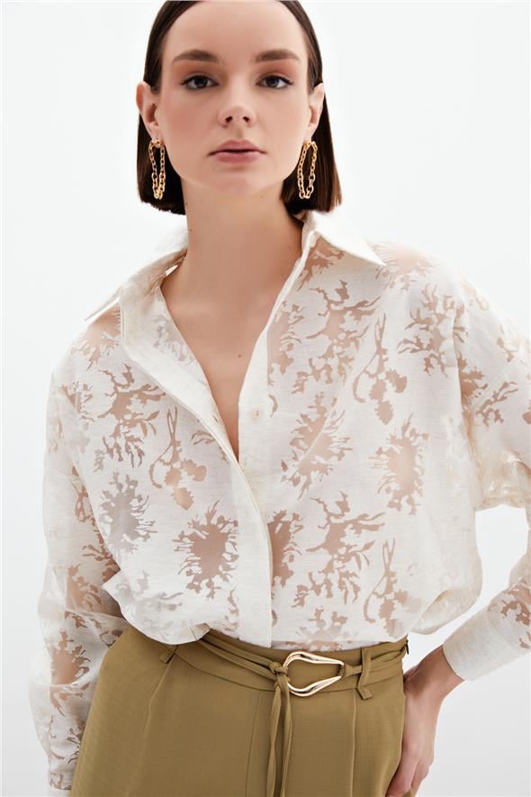 Kendinden Desenli Salaş Gömlek - Krem