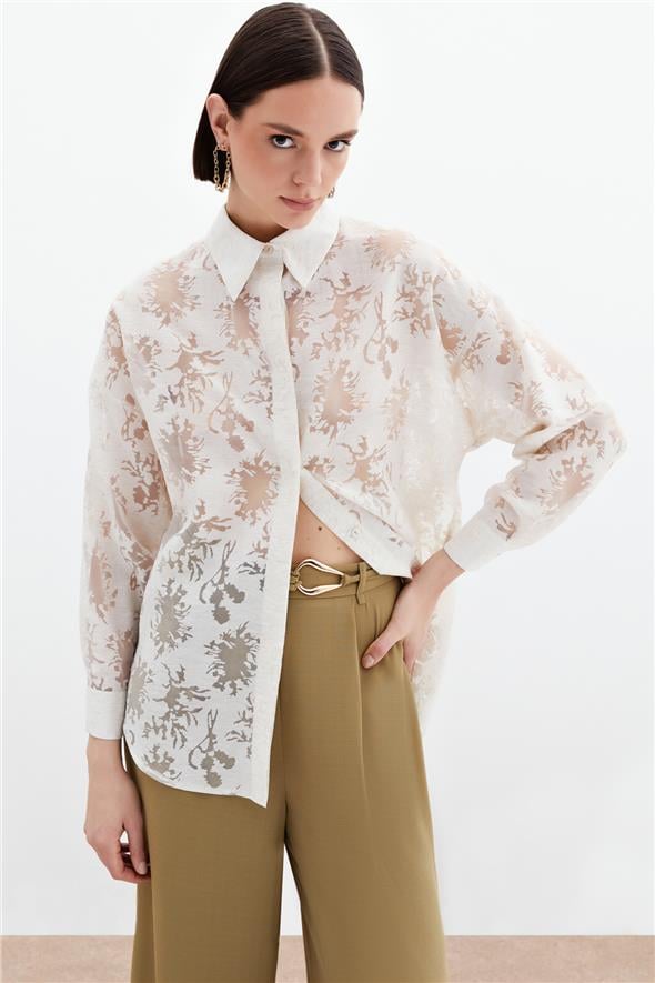 Kendinden Desenli Salaş Gömlek - Krem