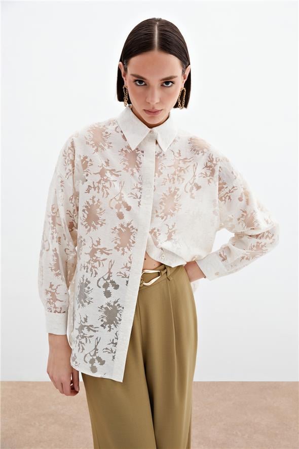 Kendinden Desenli Salaş Gömlek - Krem