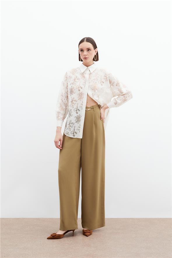 Kendinden Desenli Salaş Gömlek - Krem