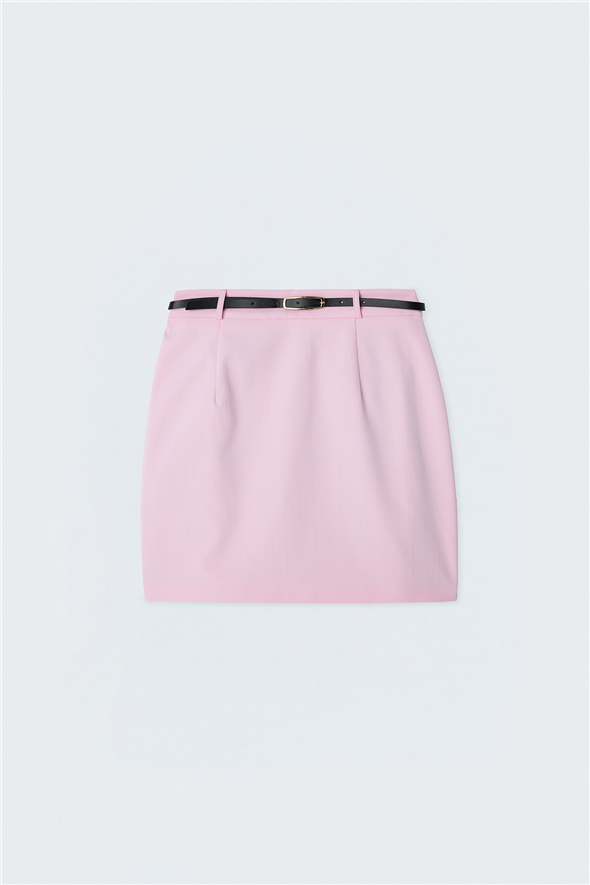 Keten Görünümlü Mini Etek - Pembe