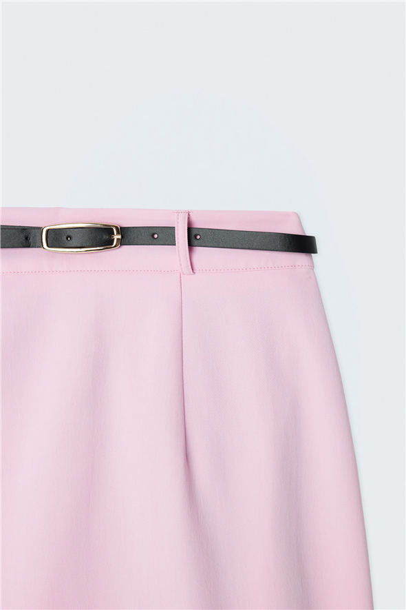 Keten Görünümlü Mini Etek - Pembe