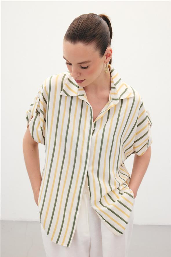 Keten Karışımlı Çizgili Gömlek - Haki