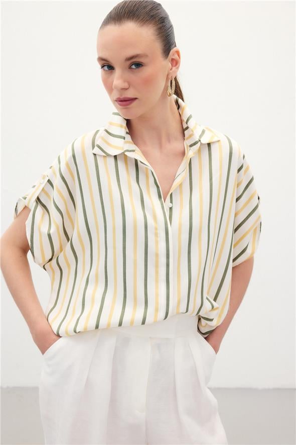 Keten Karışımlı Çizgili Gömlek - Haki