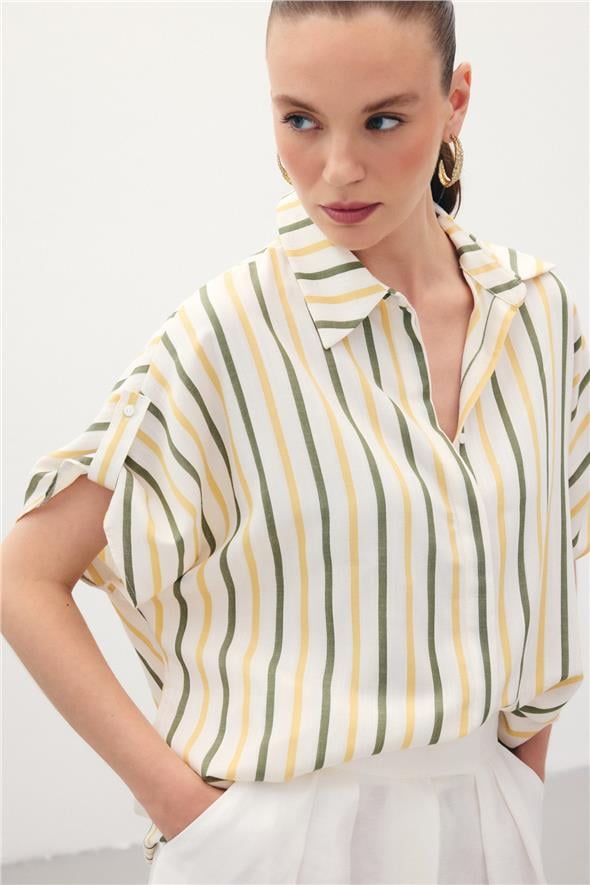 Keten Karışımlı Çizgili Gömlek - Haki