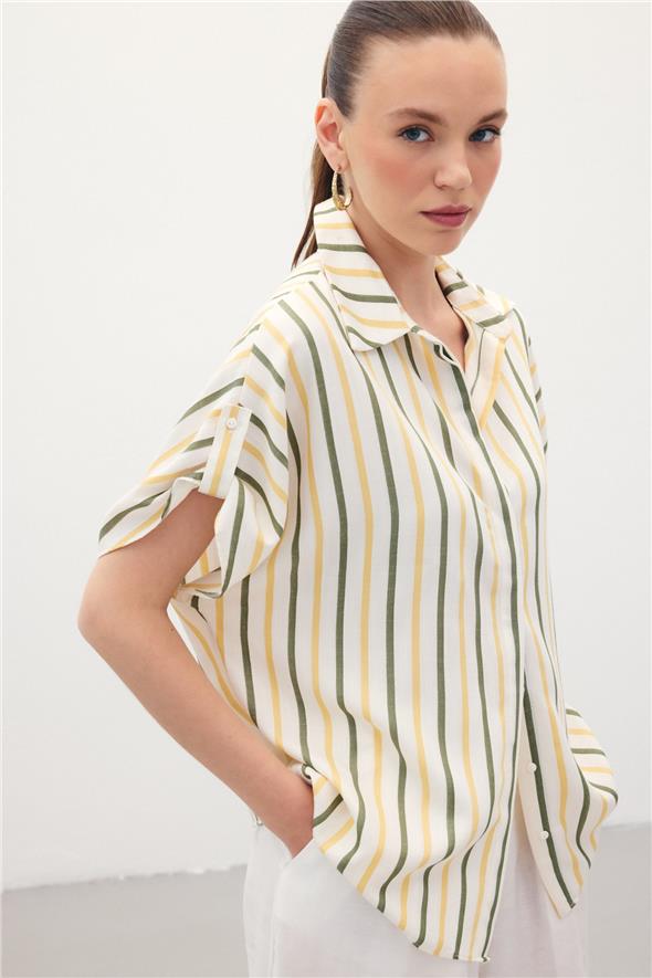 Keten Karışımlı Çizgili Gömlek - Haki