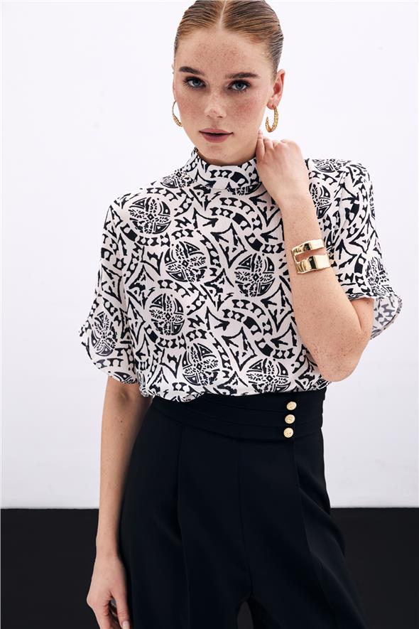Kısa Kol Desenli Bluz - Ekru