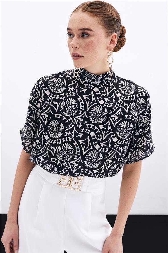 Kısa Kol Desenli Bluz - Siyah