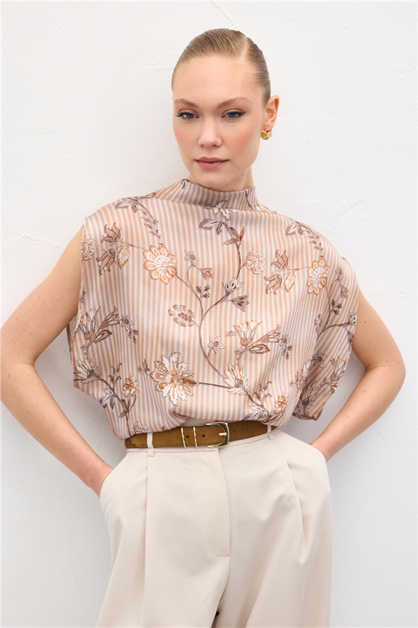 Kısa Kollu Desenli Bluz - Kahve