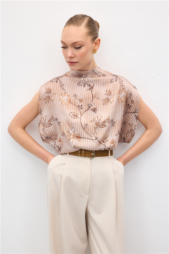 Kısa Kollu Desenli Bluz - Kahve