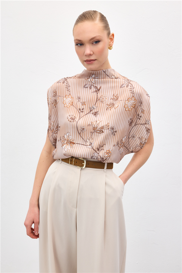 Kısa Kollu Desenli Bluz - Kahve