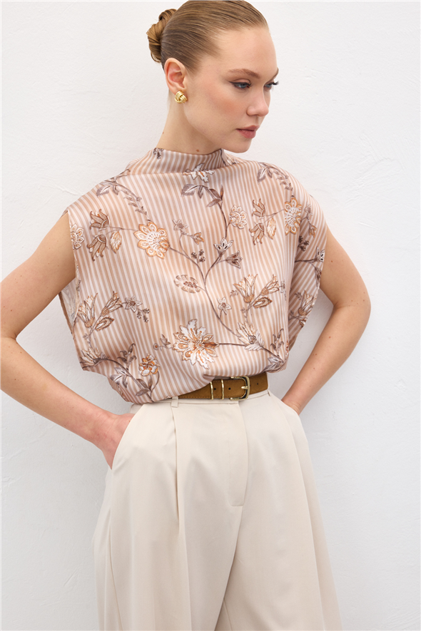 Kısa Kollu Desenli Bluz - Kahve