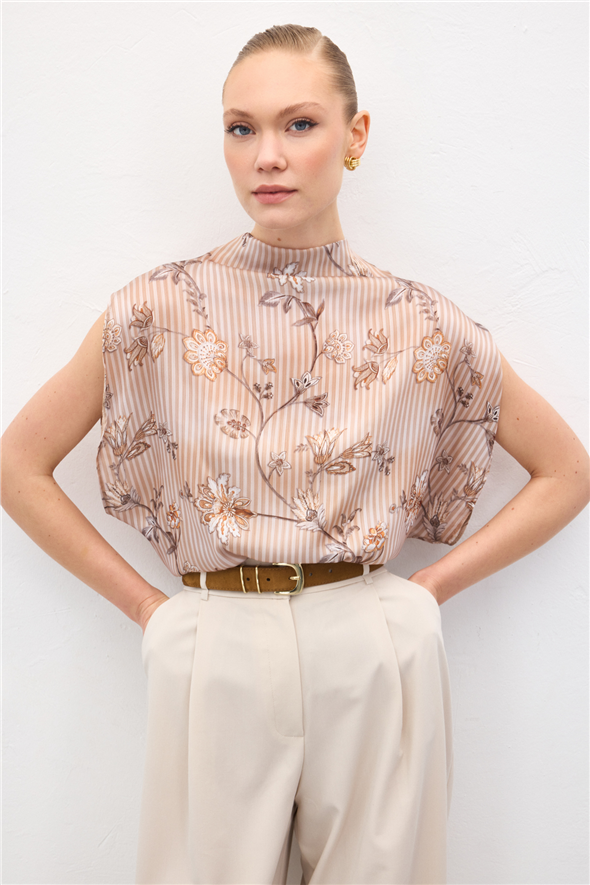 Kısa Kollu Desenli Bluz - Kahve