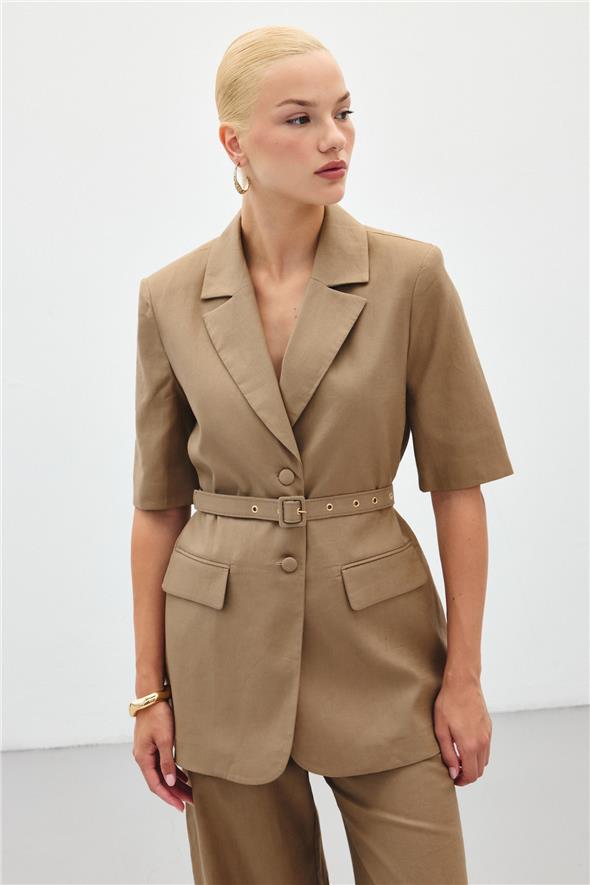 Kısa Kollu Kemerli Ceket - Camel