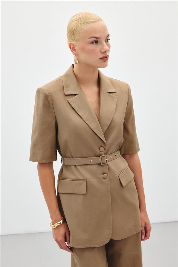 Kısa Kollu Kemerli Ceket - Camel