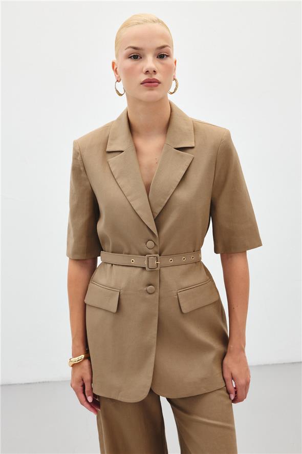 Kısa Kollu Kemerli Ceket - Camel
