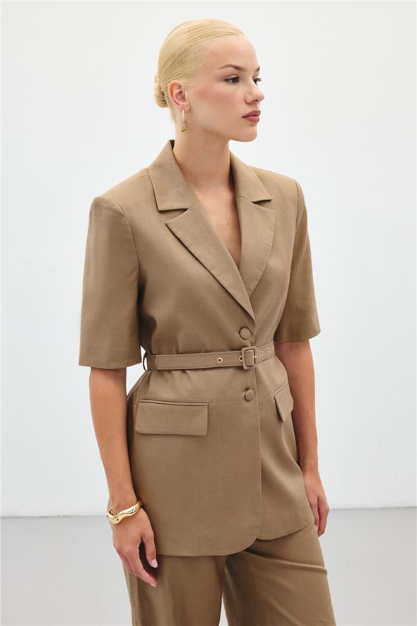 Kısa Kollu Kemerli Ceket - Camel