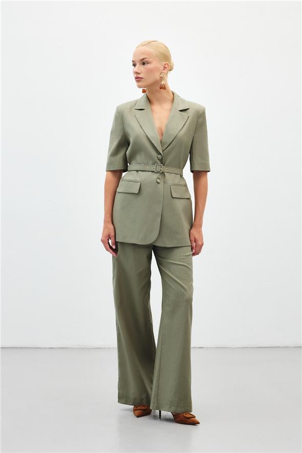 Kısa Kollu Kemerli Ceket - Haki