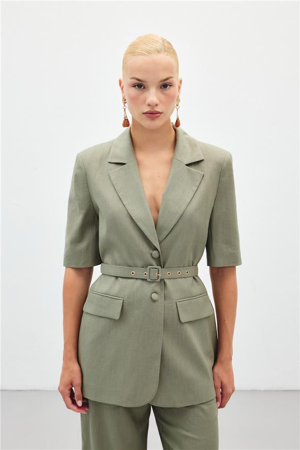 Kısa Kollu Kemerli Ceket - Haki