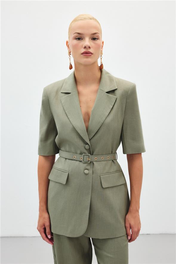 Kısa Kollu Kemerli Ceket - Haki