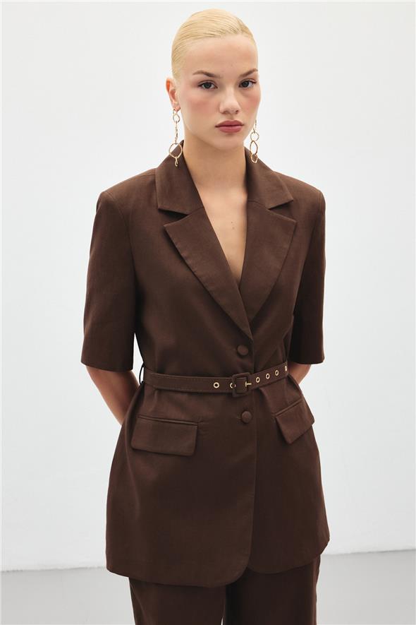 Kısa Kollu Kemerli Ceket - Kahve