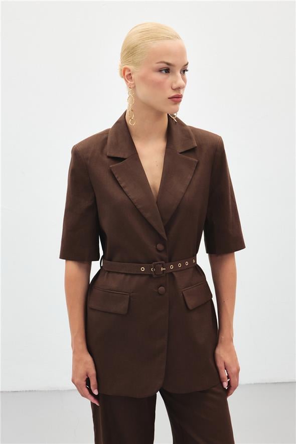 Kısa Kollu Kemerli Ceket - Kahve
