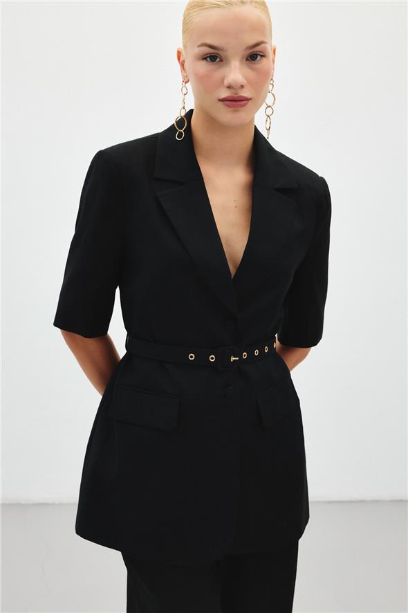 Kısa Kollu Kemerli Ceket - Siyah