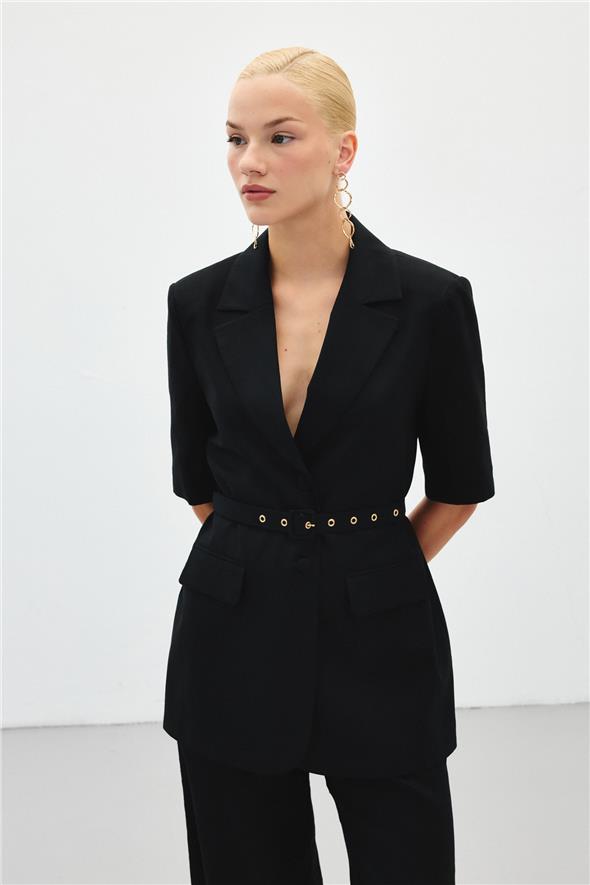 Kısa Kollu Kemerli Ceket - Siyah