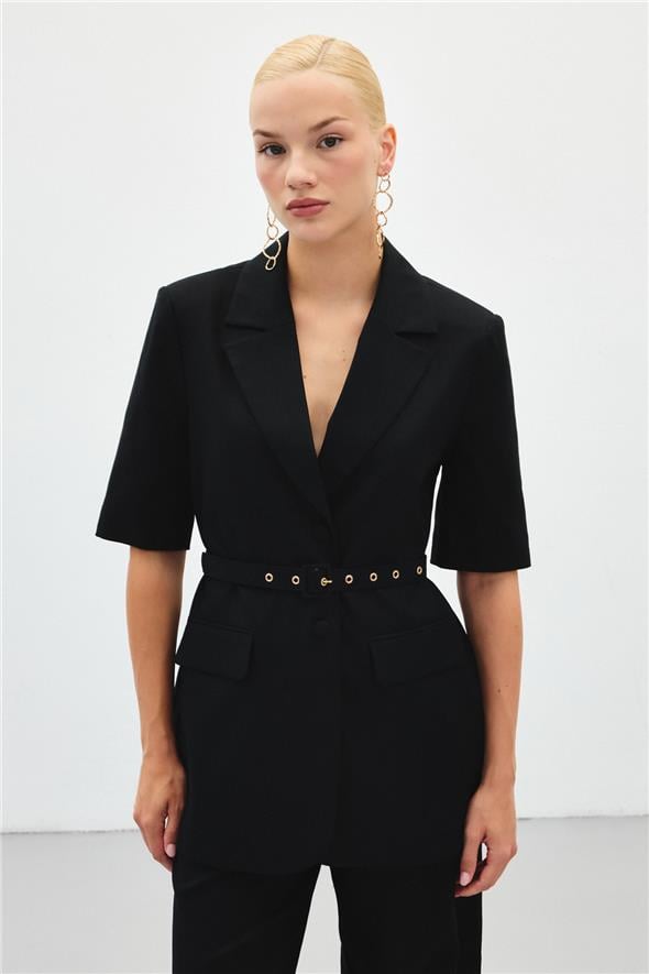 Kısa Kollu Kemerli Ceket - Siyah
