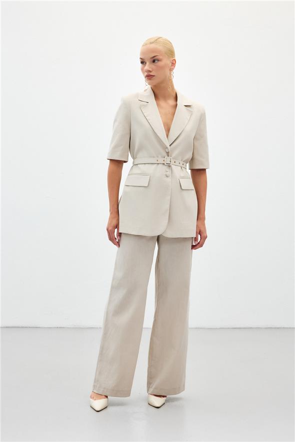 Kısa Kollu Kemerli Ceket - Taş