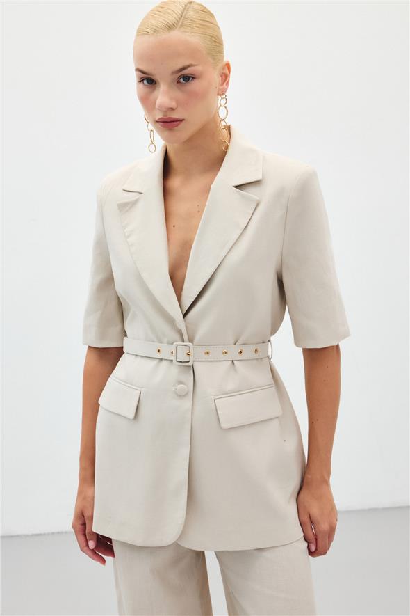 Kısa Kollu Kemerli Ceket - Taş