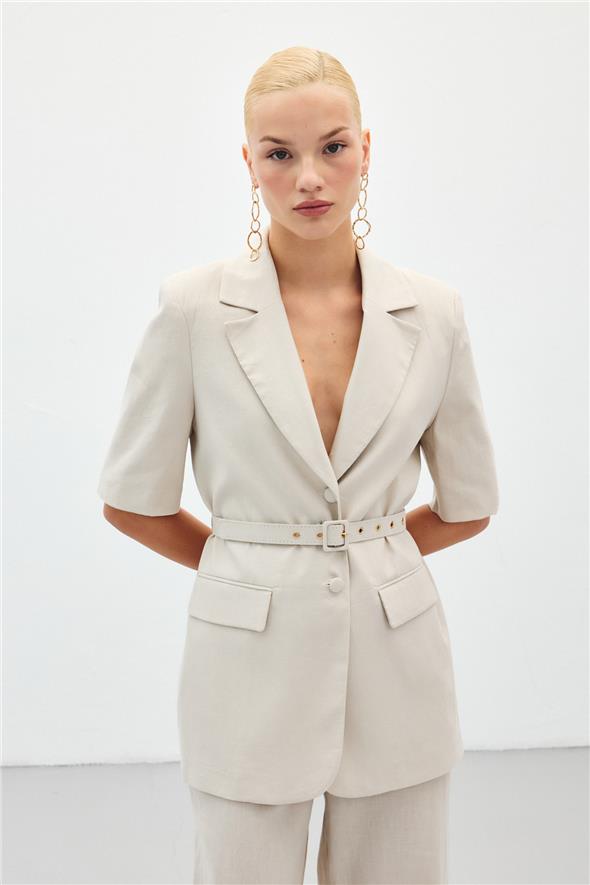 Kısa Kollu Kemerli Ceket - Taş
