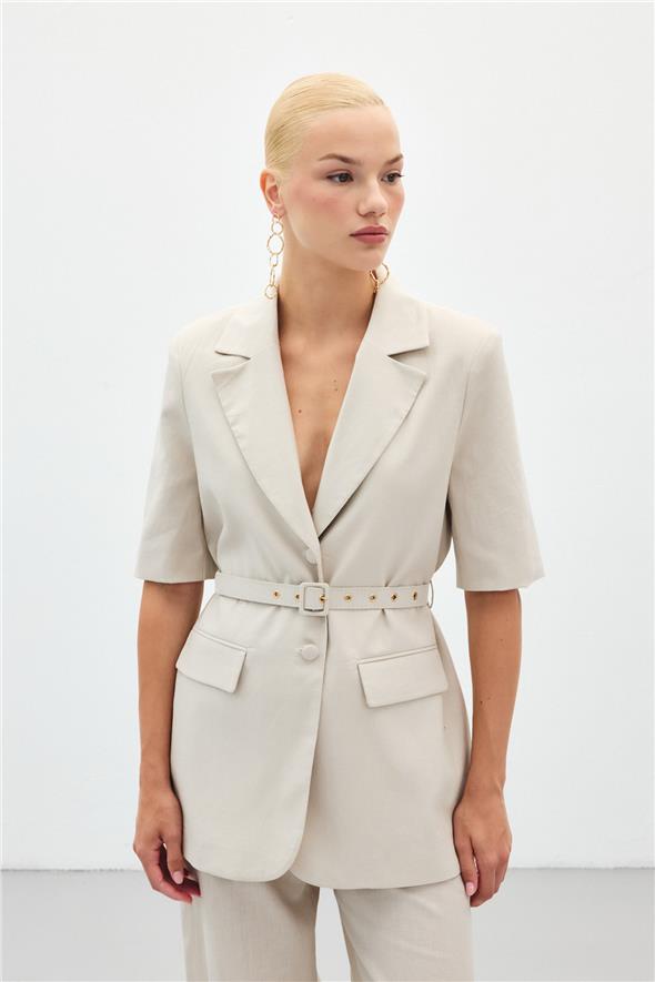 Kısa Kollu Kemerli Ceket - Taş