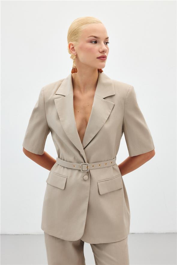 Kısa Kollu Kemerli Ceket - Vizon