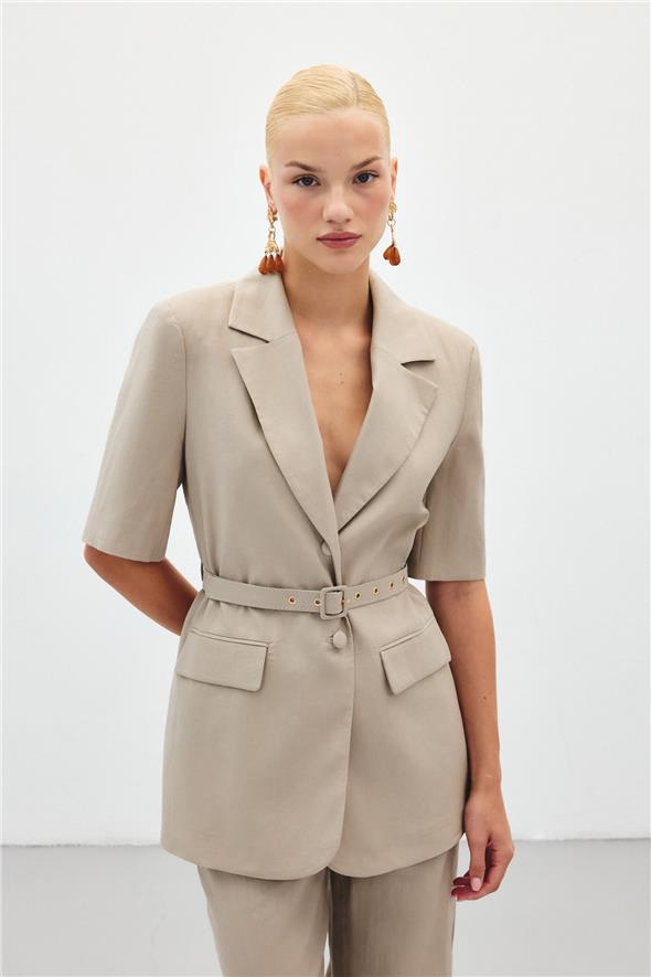 Kısa Kollu Kemerli Ceket - Vizon