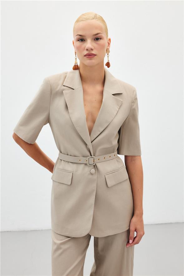 Kısa Kollu Kemerli Ceket - Vizon