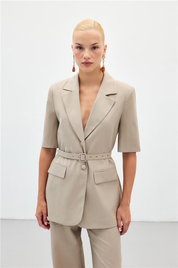 Kısa Kollu Kemerli Ceket - Vizon