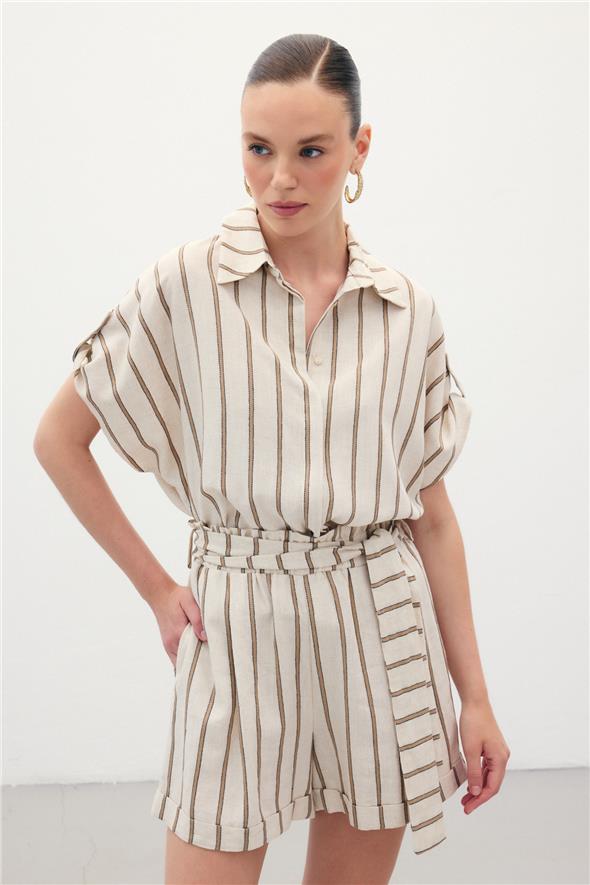 Kısa Kollu Keten Karışımlı Gömlek - Camel