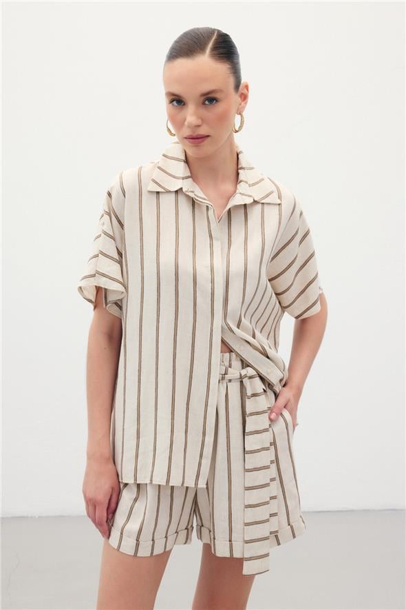 Kısa Kollu Keten Karışımlı Gömlek - Camel