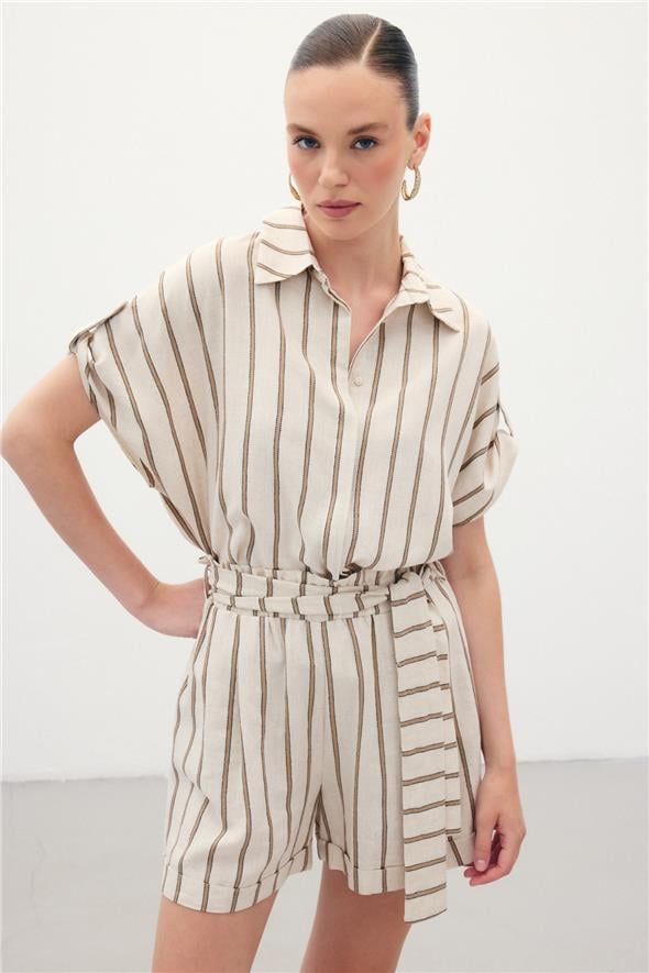 Kısa Kollu Keten Karışımlı Gömlek - Camel