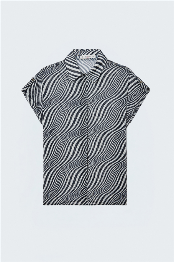 Kısa Kollu Zebra Desenli Gömlek - Siyah