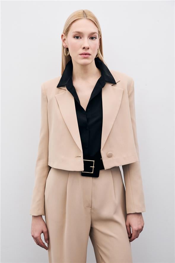 Kısa Krep Ceket - Bej